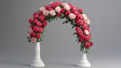 Floral archway roses, pinks, and reds, on white pillars