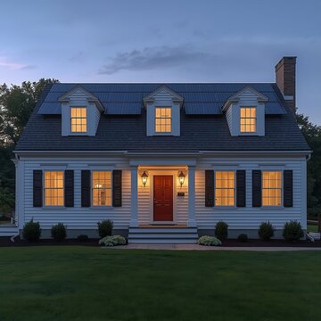 Beautiful Solar-Powered Cape Cod Architecture, Cape Cod Home with Blue Shutters and Solar Roof at Dusk, Sustainable Living in a Classic Cape Cod Style House, house on the hill