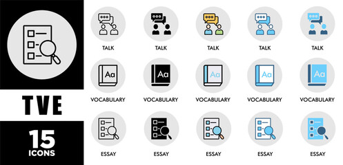 TVE icon set with various styles and colors of corporate sustainability performance for investment screening	
