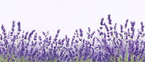 Naklejka premium Lavender flowers illustration with vibrant purple blooms in a serene natural field, ideal for wallpaper, poster, or banner design, capturing the beauty of nature and tranquil botanical essence