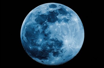Obraz premium A stunning blue moon in full phase isolated on a deep black background, showcasing detailed lunar craters and celestial texture for astronomy, science, or education themes.