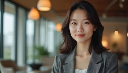 Naklejka premium Asian woman smiles in office setting. Portrait of a professional female in modern workplace. Businesswoman poses looking at camera with a confident expression.