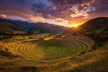 Moray Peru. Stunning Sunset over Historic Moray in the Sacred Valley of the Incas
