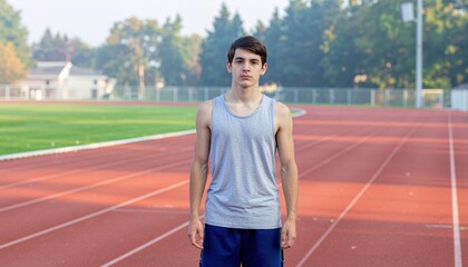 teenager with proud accomplishment on a track early morning haze visible breath empty lanes athletic portrait clean minimalist sport scene