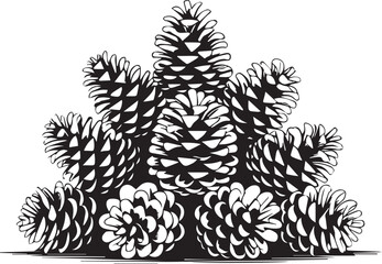 Pine Cone Arrangement: A collection of detailed black and white pine cones, intricately arranged to showcase natural textures and organic forms.
