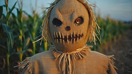 Scarecrow Face With Button Eyes And Stitched Mouth In Cornfield
