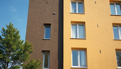 Fototapeta premium Close-up of a modern apartment building with yellow and brown facade. Building has multiple windows and white window frames. Tree in front of building on a sunny day with blue sky.