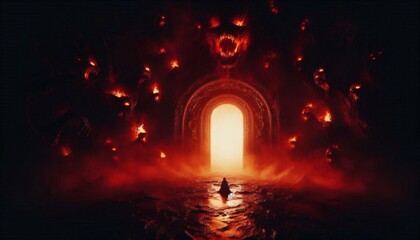 Hell Entrance with Dark Door in Red and Black, Flames and Horror Creatures, Infernal Portal Concept
