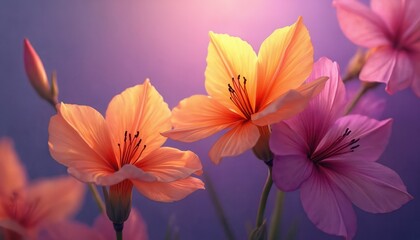 Obraz premium Close up view of pink and orange lilies blooming softly. Pastel colored petals gently glow in soft light. Delicate flowers background for spring or summer.
