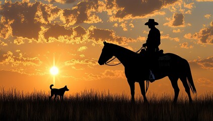 Cowboy on horse, with dog, silhouette against fiery sunset