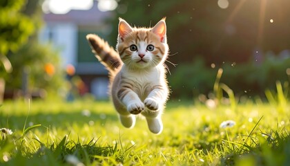 A small, orange and white kitten leaps across a bright green lawn toward the viewer, a blurred house and trees in the background. Sunlight bathes the scene