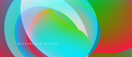 Abstract colorful overlapping shapes create vibrant background. Smooth gradients blend blues, greens, reds, yellows. Modern design element.