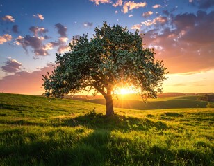 Stunning sunset behind a blooming tree in a lush green field landscape