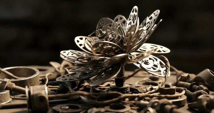 Intricate metallic flower sculpture amidst scattered mechanical parts