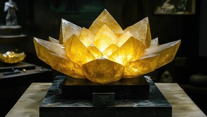 Glowing, golden quartz crystal sculpture on a dark marble base