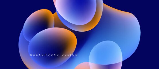 Abstract fluid shapes overlap, creating vibrant blue, orange gradients. Background suggests modern design, smooth transitions.