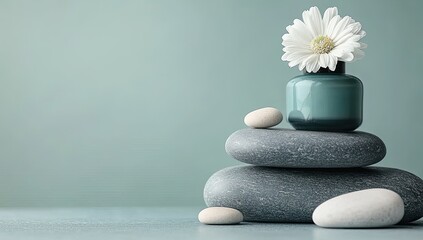 Stacked stones, small vase with white flower, calming scene