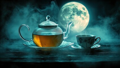 Moonlit tea still life with teapot, cup, and mystic haze