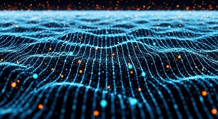 Ultra highresolution, professional studio photography of abstract digital wave pattern with glowing blue and orange particles flowing in a futuristic digital landscape