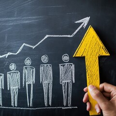 Growth chart upward arrow, drawn figures, chalkboard