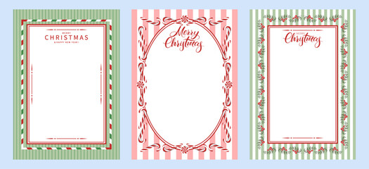 Blank greeting letter Merry Christmas and Happy New Year decorated with winter plantsberries, Christmas tree and sweets. Set of vintage design to congratulate you on the winter holidays. 