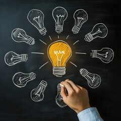 Chalkboard central, lit bulb amid unlit surrounding bulbs