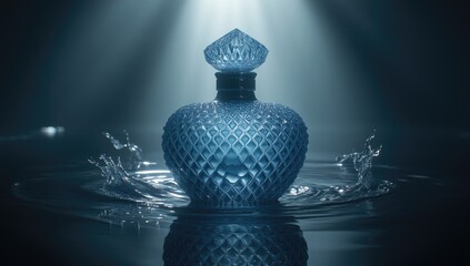 Embossed crystal perfume bottle in water, with bright light