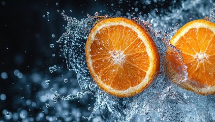 Sliced oranges splashed by water. Vibrant, dynamic shot