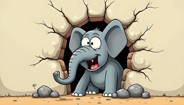 Comical Animated Elephant Breaking Wall With Over The Top Expression
