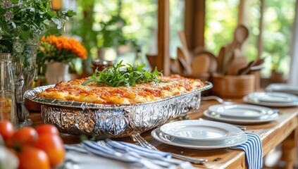 Lasagna foil tray center on rustic wooden table