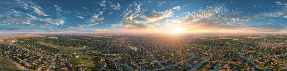Neighborhood Suburban Plan View. Aerial Sunset Panorama of Planned Development in Suburban America