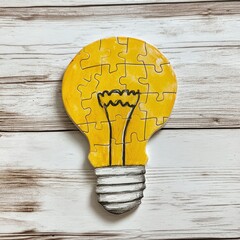 Lightbulb puzzle, yellow and gray, on light wood background