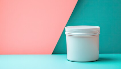 White jar stands against pink and teal geometric backdrop