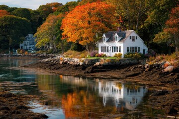 Obraz premium New England Cottage. Charming Home by the Cove in Maine Town