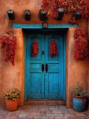 Fototapeta premium New Mexico Chile. Santa Fe Adobe Door Decor with Christmas Ristras