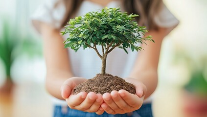 Child holds small tree in hands, offering hope and growth