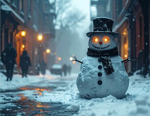 Christmas snowman illustration classic snowman with black top hat, carrot nose, button smile, standing cheerfully on a snowy city street with glowing warm street light winter holiday background.   .