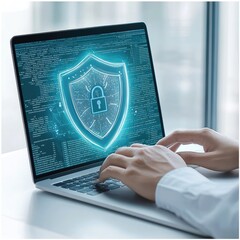 Laptop with shield and lock on screen, hands on keyboard