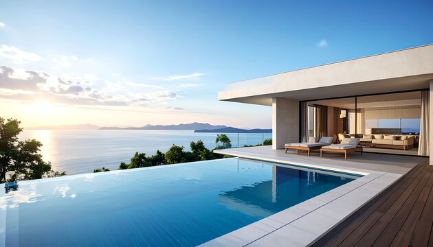 Modern beachfront residence featuring an infinity pool, sun loungers, and panoramic ocean views under a bright, cloudy sky