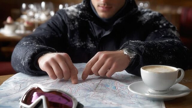 A Snowy Adventure Awaits: Exploring the Map Over a Warm Cup of Coffee in a Cozy Atmosphere Amidst Winter's Chill.