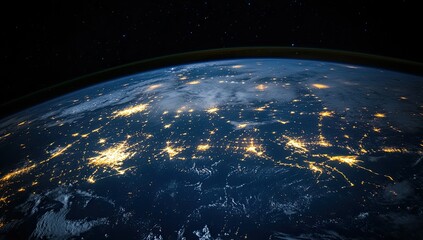 Earth view at night, city lights illuminate the planet