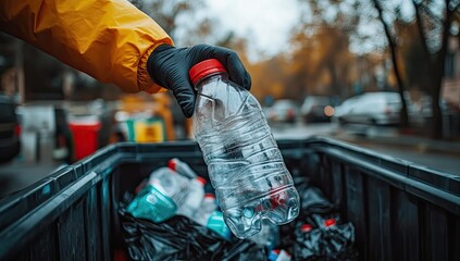 Gloved hand holds plastic bottle over bin. City backdrop