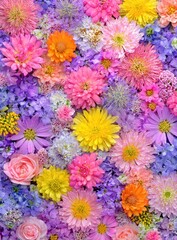 A vibrant, textured floral display, a dense mix of colorful blooms
