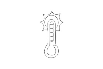 Continuous one line drawing thermometer with red pointer and sun above. Stay home during very hot weather. Heatwave. Warning. National Heat Awareness Day. Single line draw design vector illustration