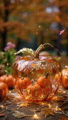 A glass pumpkin filled with tiny gourds and autumn leaves glows warmly amid a cozy fall-themed setting.