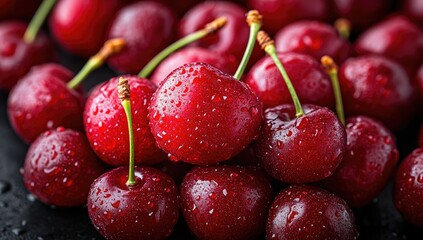 Juicy red cherries with stems covered in water droplets