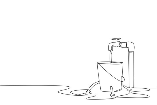 Single continuous line drawing water leaks out of a bucket with holes filled with taps and puddles. Neglect becomes waste. Broken. National Hole In My Bucket Day. One line design vector illustration