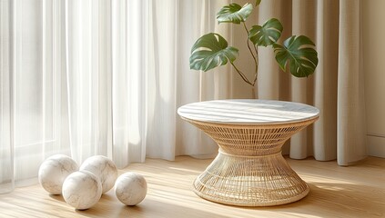 Serene interior table, monstera, marble orbs, draped curtains