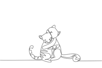 Single one line drawing 2 cats hugging each other. Their unique and adorable behavior. Very friendly as a pet. Sweet. Love. International Hug Your Cat Day. Continuous line design graphic illustration