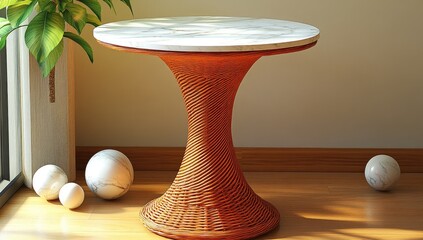 Woven orange table with marble top, plant and spheres